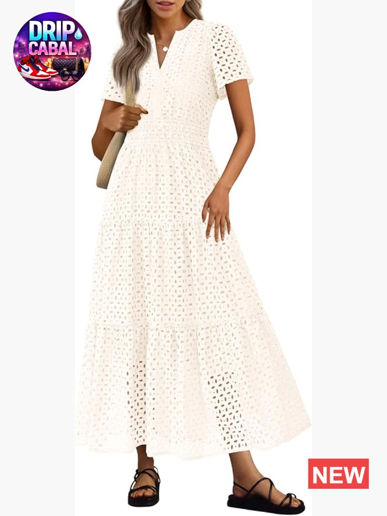 White Eyelet Maxi Dress Short Sleeve V Neck A-Line Flowy Beach Vacation Dresses